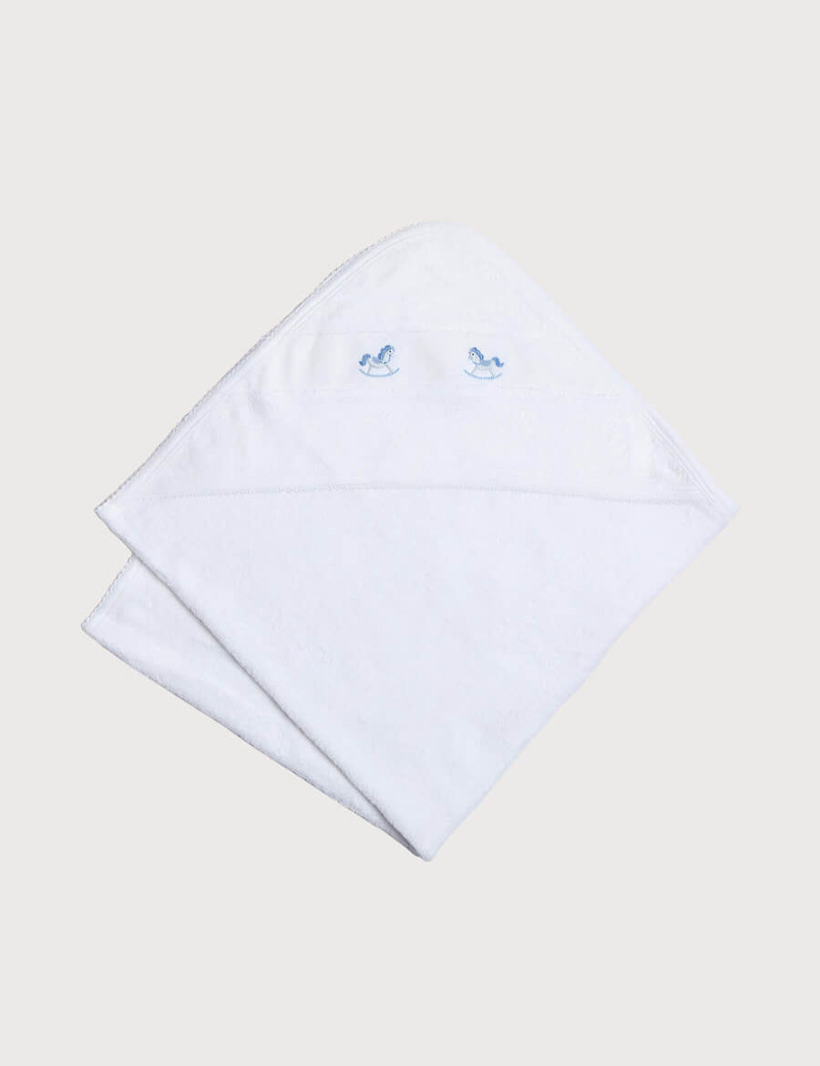 Newborn Towel with Rocking Horse Embroidery In Blue Knitted Accessories  from Pepa London