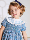 Botanical Print Hand Smocked Dress in French Blue (12mths-10yrs) Dresses  from Pepa London