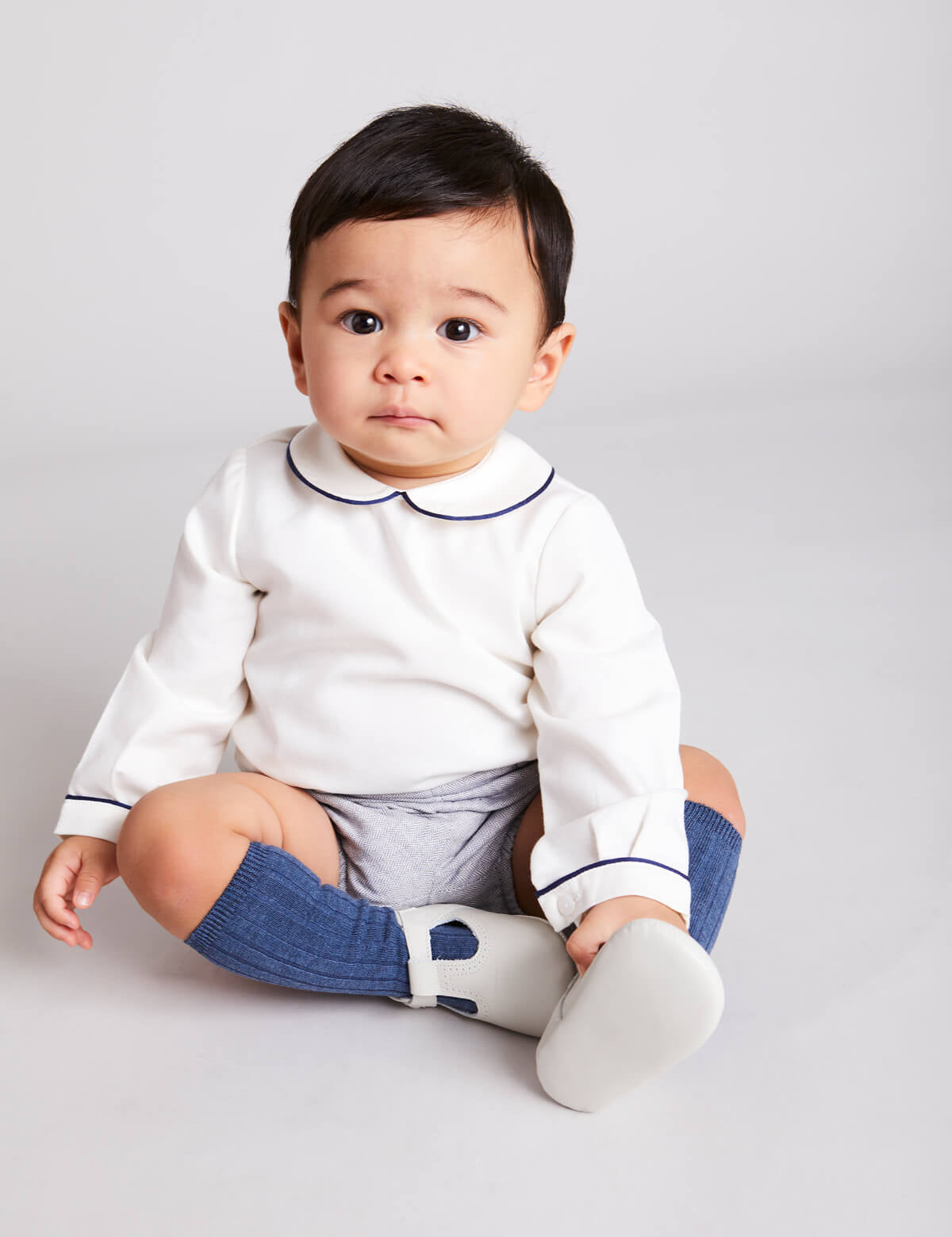 Herringbone Peter Pan Collar Long Sleeve Two Piece Set in Blue (6mths-2yrs) Sets  from Pepa London