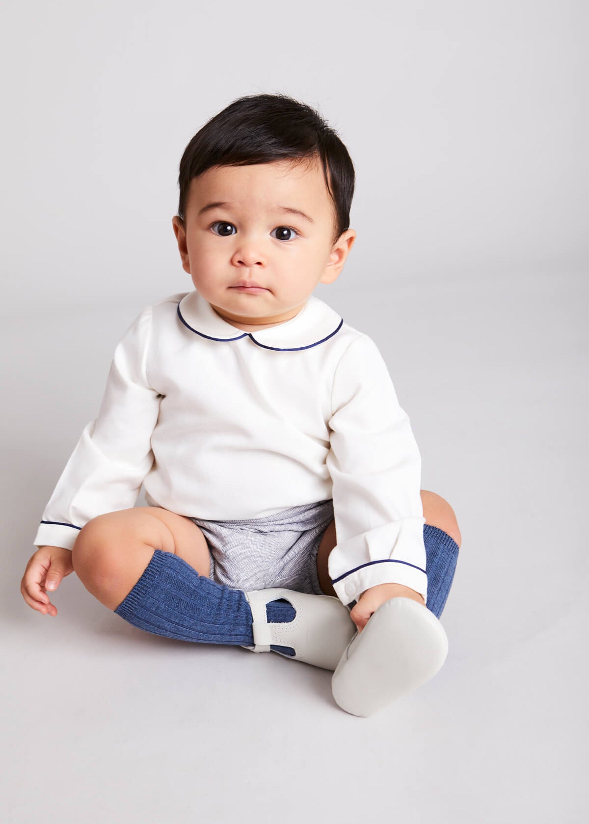 Herringbone Peter Pan Collar Long Sleeve Two Piece Set in Blue (6mths-2yrs) Sets  from Pepa London