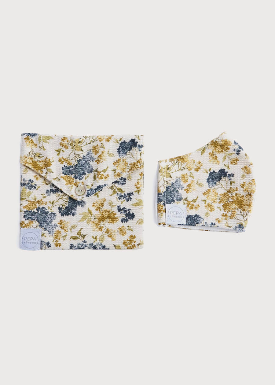 Cream & Blue Floral Face Mask with Pouch Accessories  from Pepa London