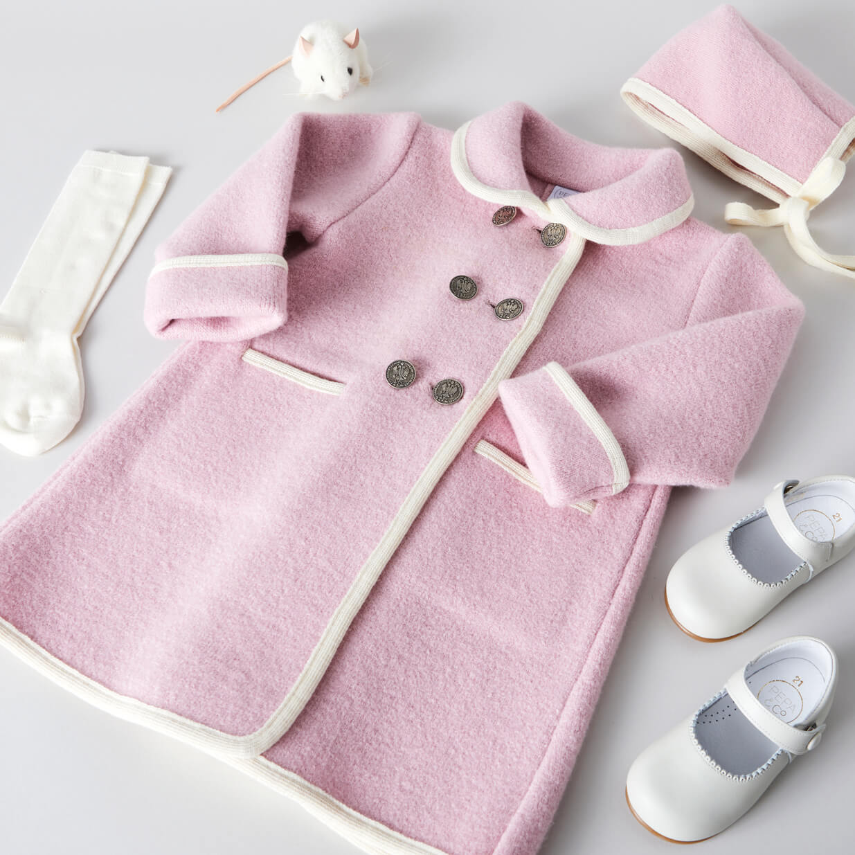 Austrian Double Breasted White Trim Baby Coat in Baby Pink (6mths-4yrs) Coats from Pepa London