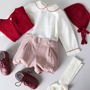 Herringbone Peter Pan Collar Long Sleeve Two Piece Set in Red (6mths-2yrs) Sets  from Pepa London