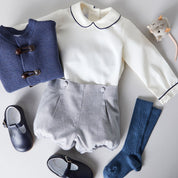Herringbone Peter Pan Collar Long Sleeve Two Piece Set in Blue (6mths-2yrs) Sets  from Pepa London