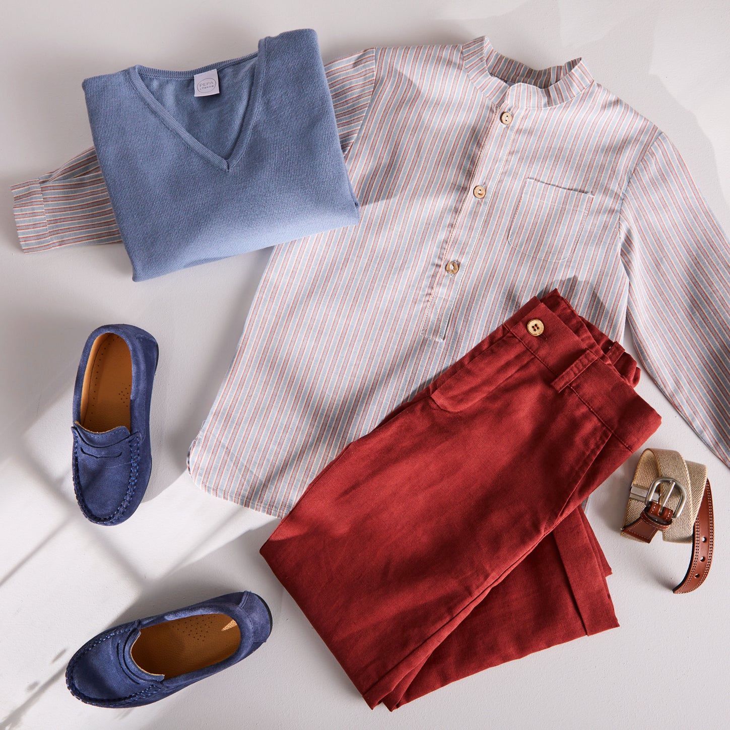 Mandarin Collar Stripe Cotton Shirt in Blue And Red (4-10yrs) Shirts  from Pepa London