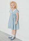 Hand Smocked Embroidered Collar Short Sleeve Dress in Blue (12mths-10yrs) Dresses  from Pepa London