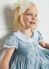 Hand Smocked Embroidered Collar Short Sleeve Dress in Blue (12mths-10yrs) Dresses  from Pepa London