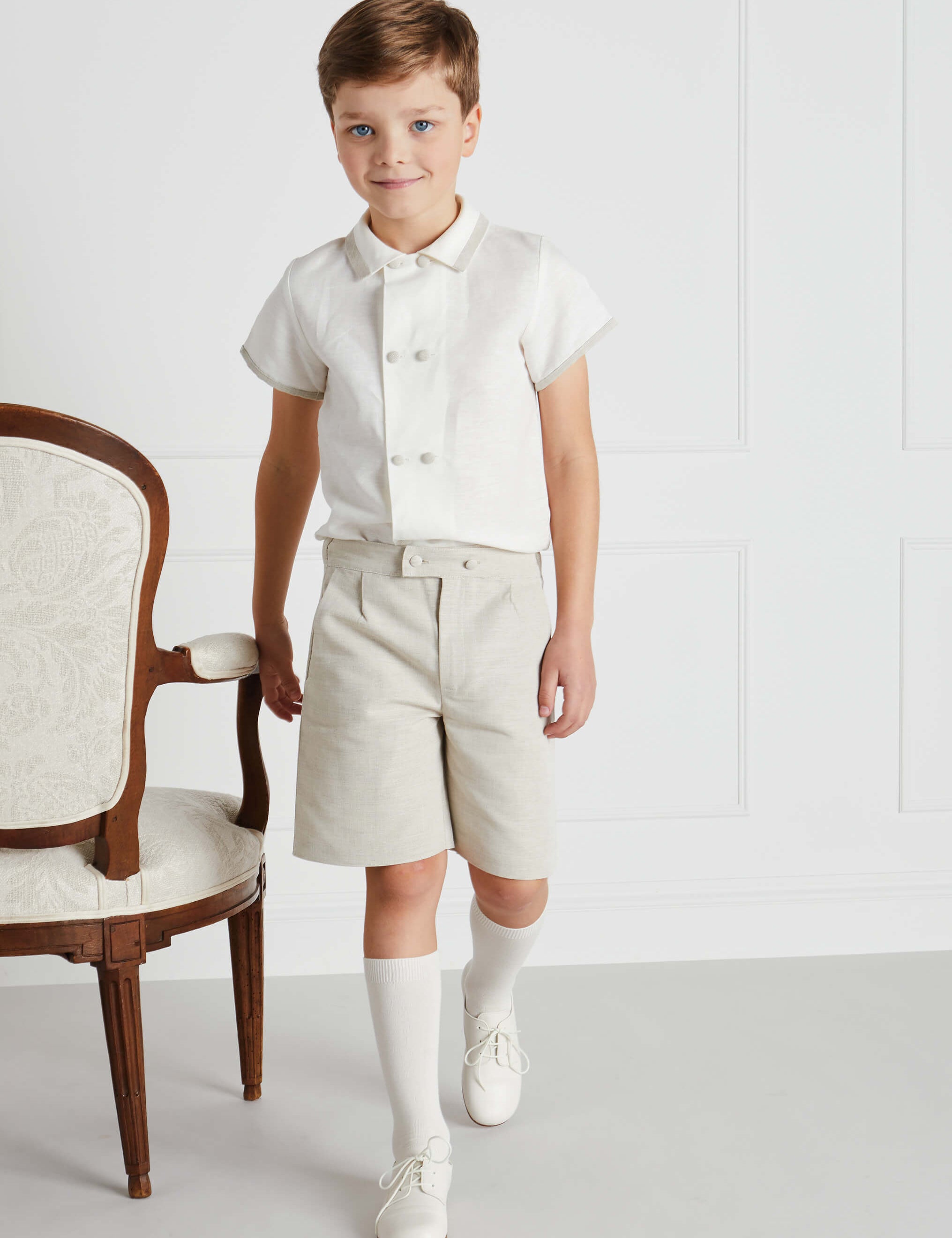 Linen Boys Celebration Shirt White with Beige Piping (4-10yrs) Shirts  from Pepa London