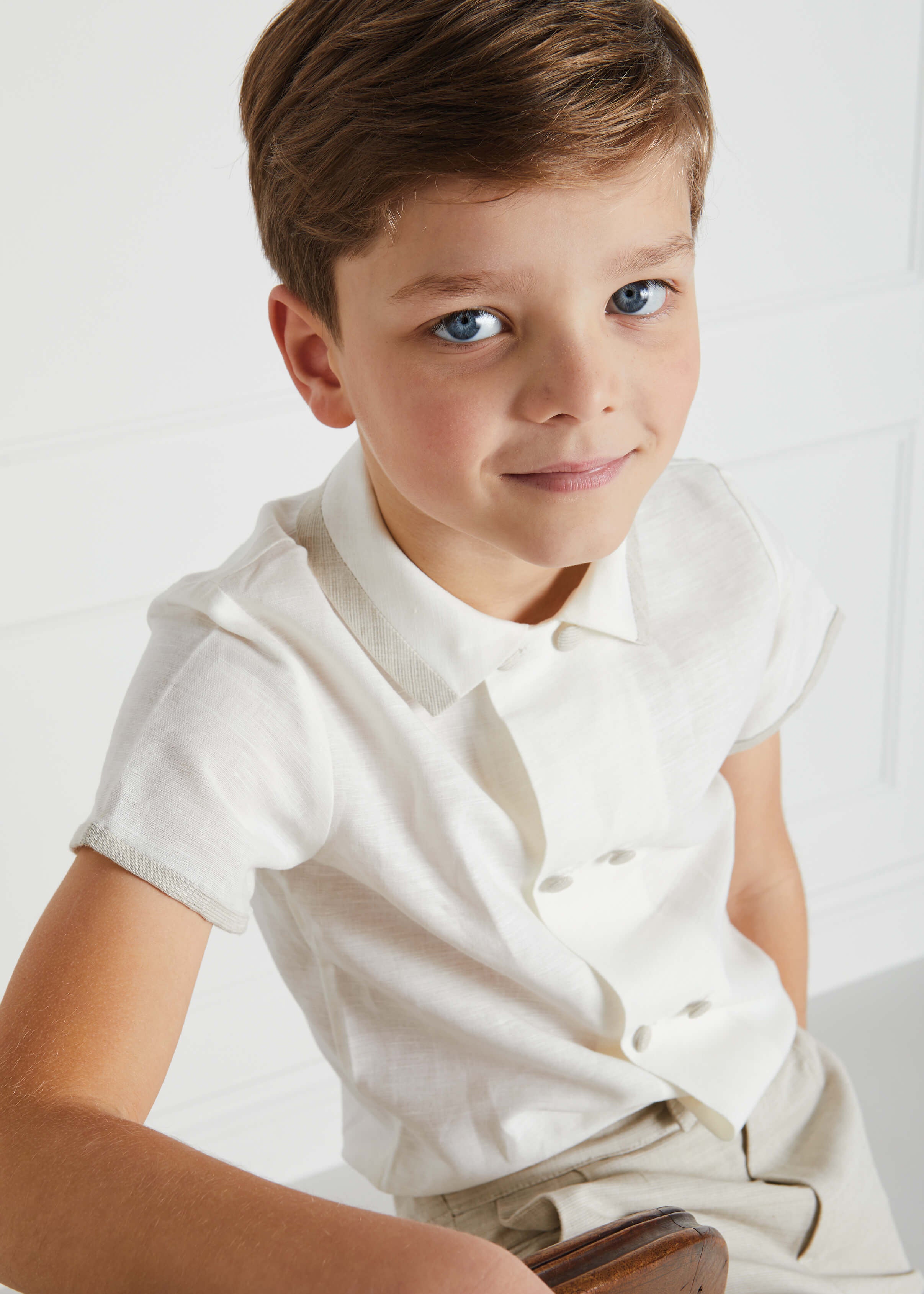 Linen Boys Celebration Shirt White with Beige Piping (4-10yrs) SHIRTS from Pepa London