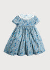 Botanical Print Hand Smocked Dress in French Blue (12mths-10yrs) Dresses  from Pepa London