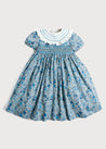 Botanical Print Hand Smocked Dress in French Blue (12mths-10yrs) Dresses  from Pepa London