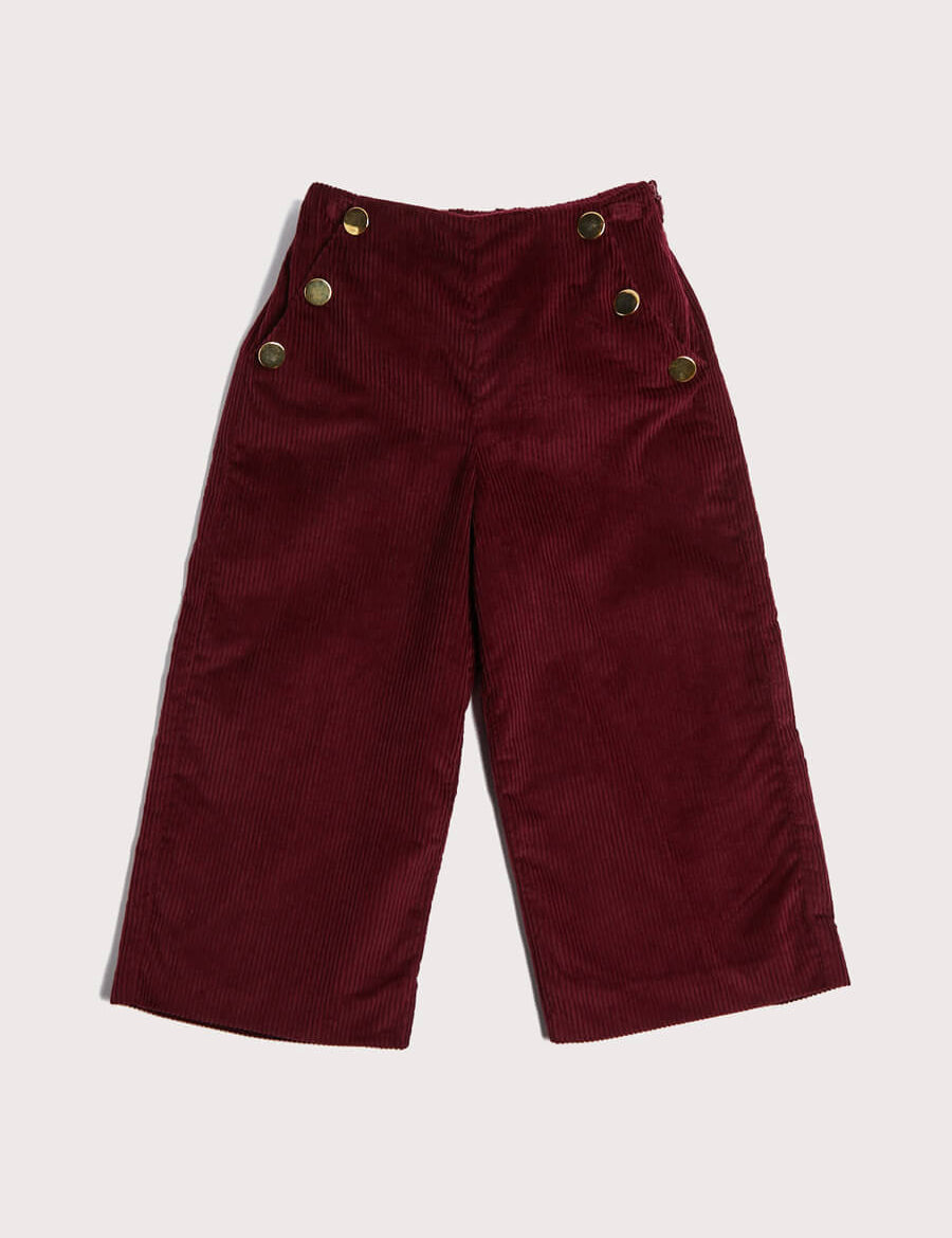 Corduroy Wide Leg Gold Button Trousers in Burgundy (4-10yrs) Trousers  from Pepa London