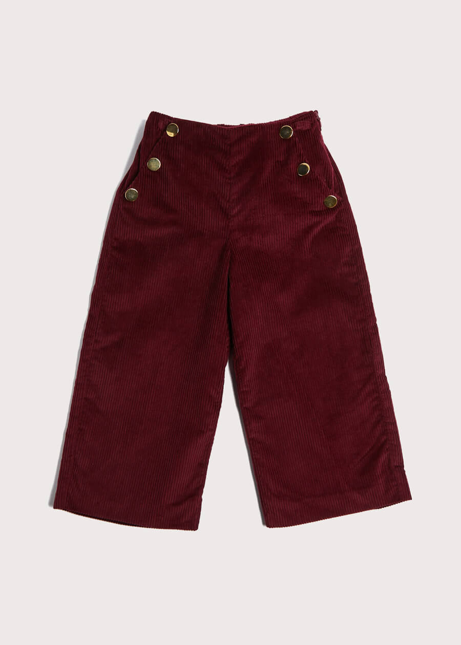 Corduroy Wide Leg Gold Button Trousers in Burgundy (4-10yrs) Trousers  from Pepa London