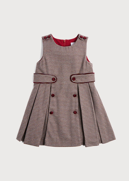 Houndstooth Pinafore Belted Dress in Burgundy (4-10yrs)