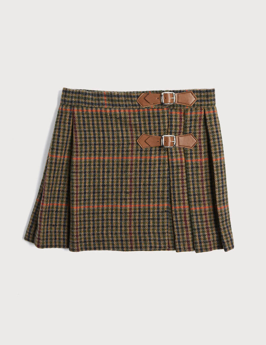 Checked Tweed Pleated Leather Buckled Kilt in Brown (2-10yrs) Skirts  from Pepa London