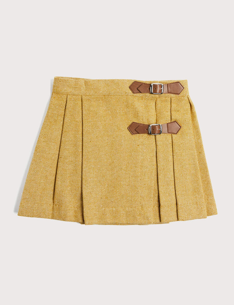 Herringbone Pleated Leather Buckled Kilt in Mustard (2-10yrs) Skirts  from Pepa London