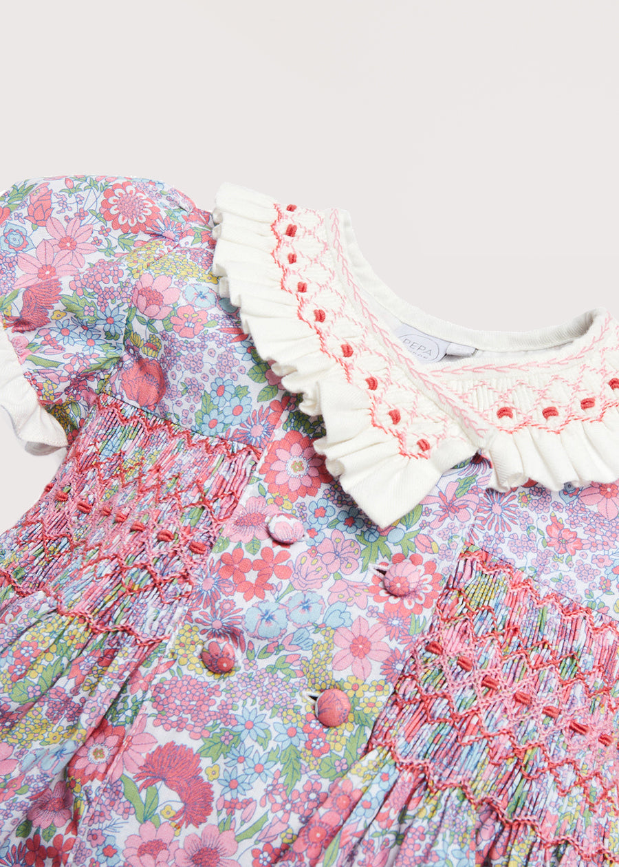 Traditional Handsmocked Double Breasted Flower Dress in Pink (12mths-10yrs) Dresses  from Pepa London