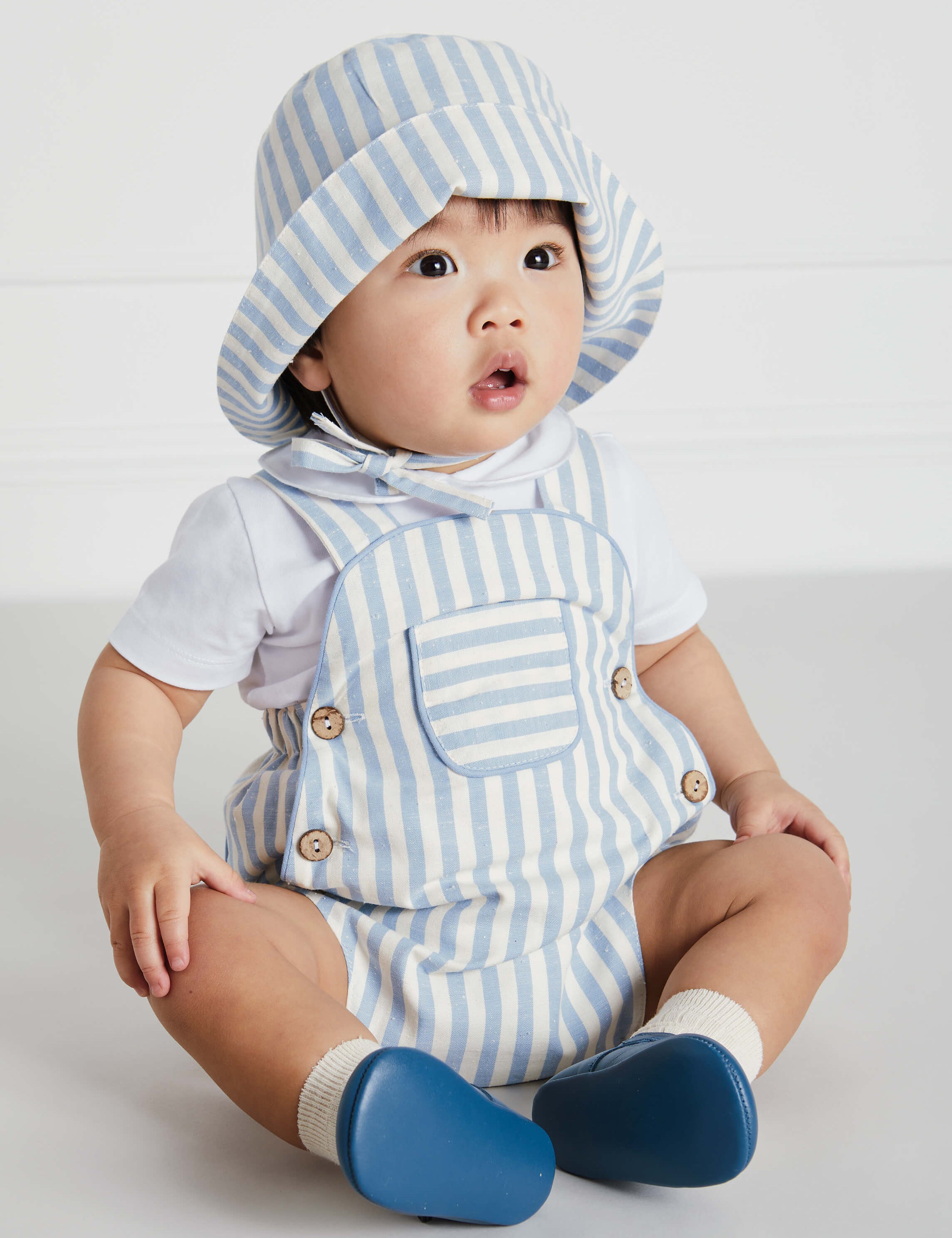 Chunky Stripe Pocket Front Dungaree Romper in Blue (3-18mths) Dungarees  from Pepa London