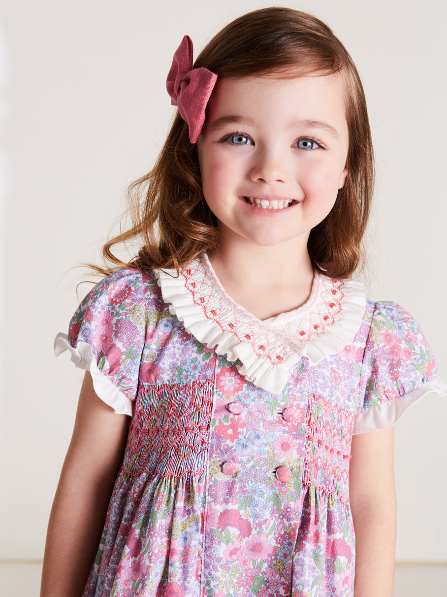 Traditional Double Breasted Flower Dress in Pink (12mths-10yrs) - Dresses - PEPA AND CO vimeo_692221450