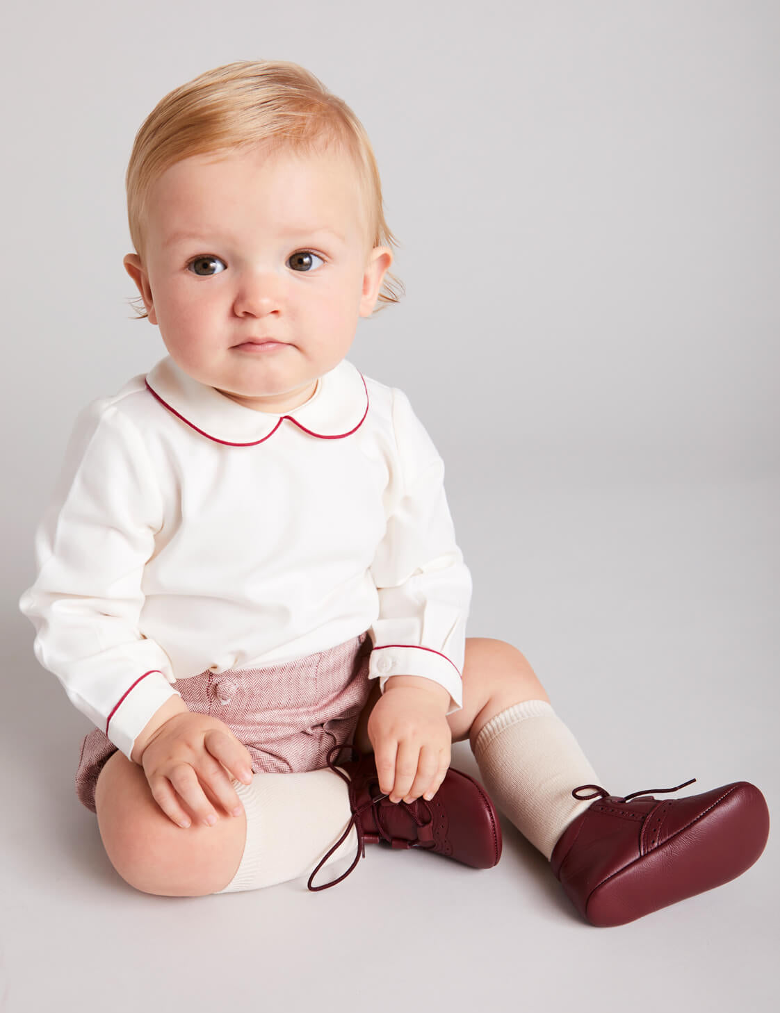 Herringbone Peter Pan Collar Long Sleeve Two Piece Set in Red (6mths-2yrs) Sets  from Pepa London
