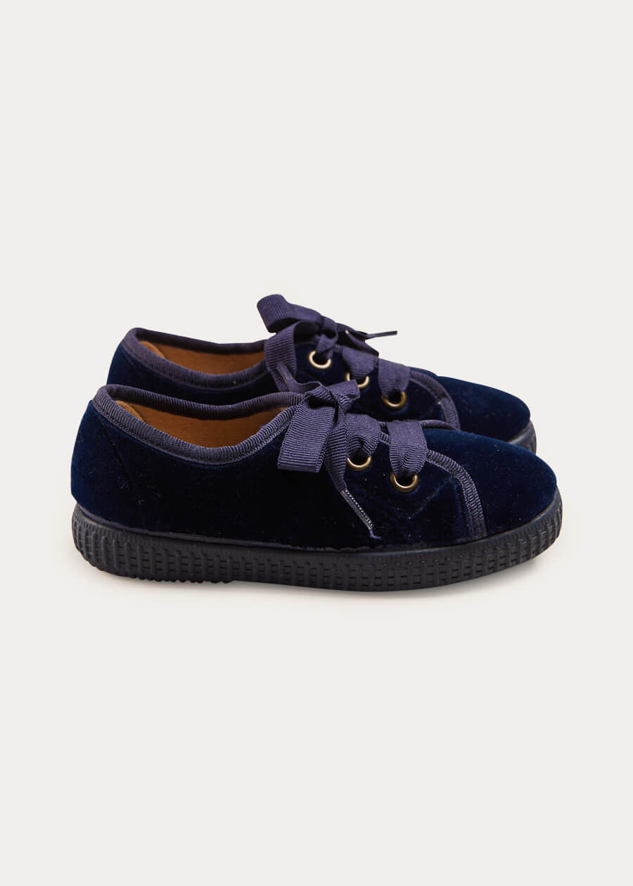 Velvet Lace Up Plimsolls In Navy (24-30EU) SHOES  from Pepa London