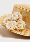 Faux Flower Straw Boater Hat With Ivory Flower (S-M) Hair Accessories  from Pepa London