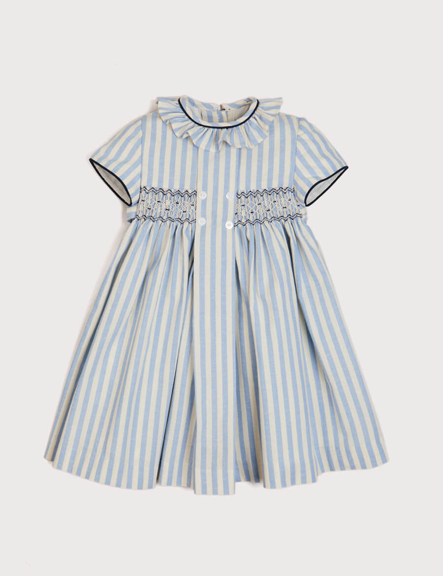 Hand Smocked Delicate Stripe Short Sleeve Dress in Blue (12mths-10yrs) Dresses  from Pepa London