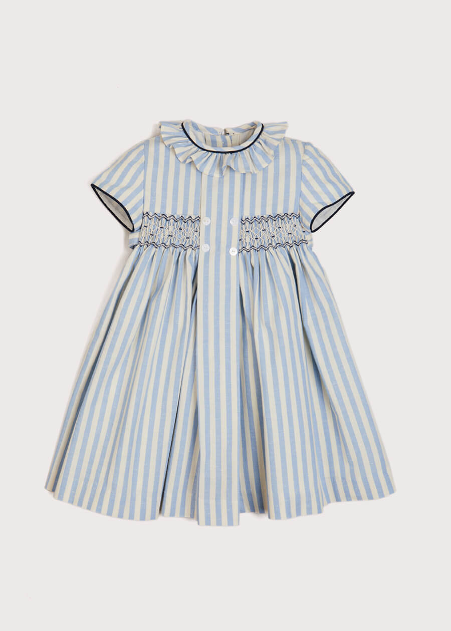 Hand Smocked Delicate Stripe Short Sleeve Dress in Blue (12mths-10yrs) Dresses  from Pepa London