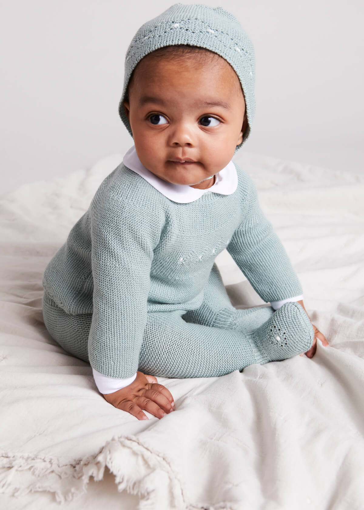 Openwork Contrast Dot Merino Wool Knitted Set in Green (0-12mths) Knitted Sets  from Pepa London