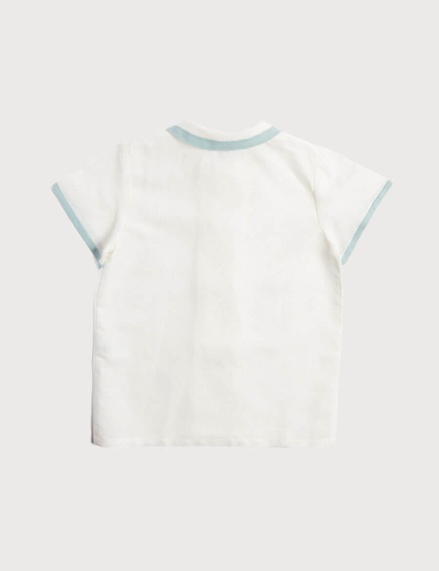 Linen Boys Celebration Shirt White with Teal Piping (3-10yrs) Shirts from Pepa London