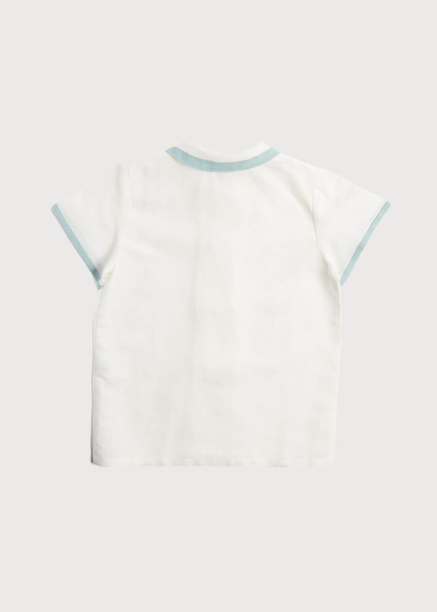Linen Boys Celebration Shirt White with Teal Piping (3-10yrs) Shirts from Pepa London