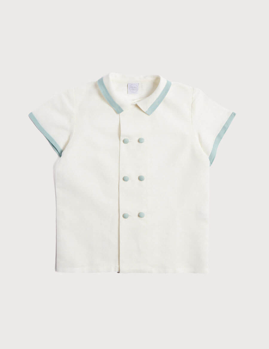Linen Boys Celebration Shirt White with Teal Piping (3-10yrs) Shirts from Pepa London