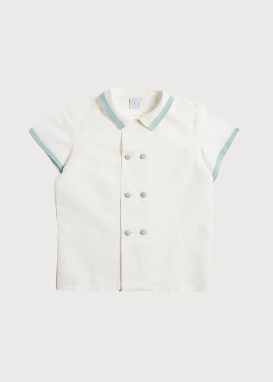 Linen Boys Celebration Shirt White with Teal Piping (3-10yrs) Shirts from Pepa London