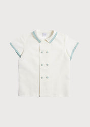 Linen Boys Celebration Shirt White with Teal Piping (3-10yrs) Shirts from Pepa London