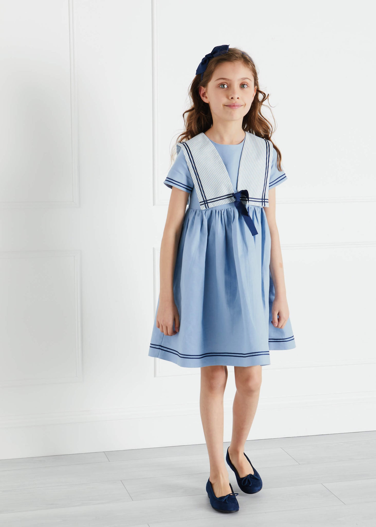 Stripe Collar Mariner Short Sleeve Dress in Blue (12mths-10yrs) Dresses  from Pepa London
