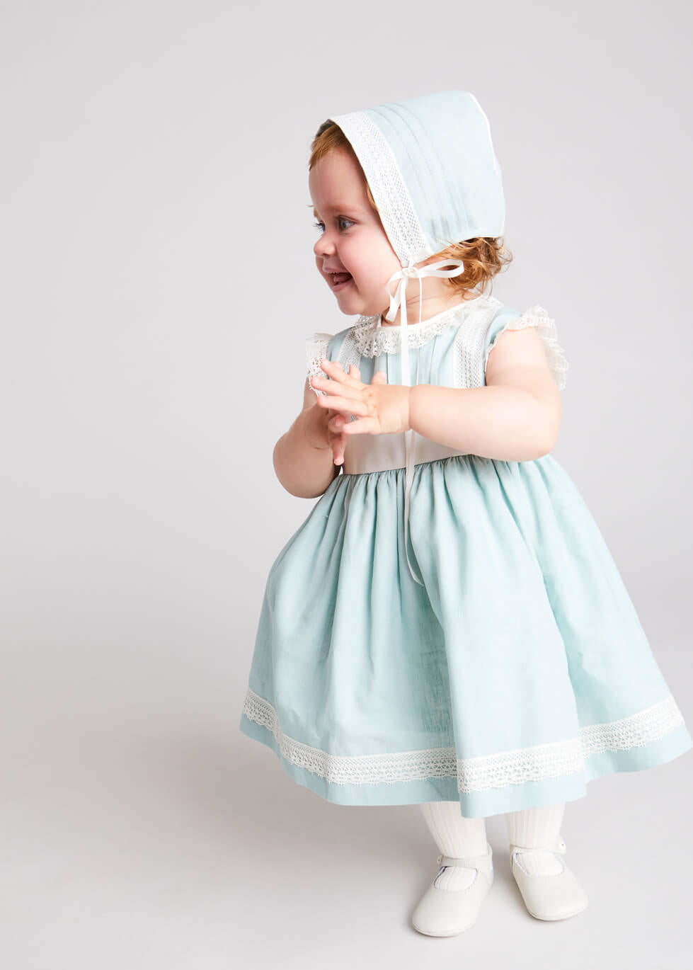 Lace Trim Ivory Bow Dress in Teal (6mths-5yrs) dresses  from Pepa London