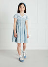 Hand Smocked Embroidered Collar Short Sleeve Dress in Blue (12mths-10yrs) Dresses  from Pepa London