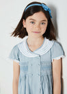 Hand Smocked Embroidered Collar Short Sleeve Dress in Blue (12mths-10yrs) Dresses  from Pepa London