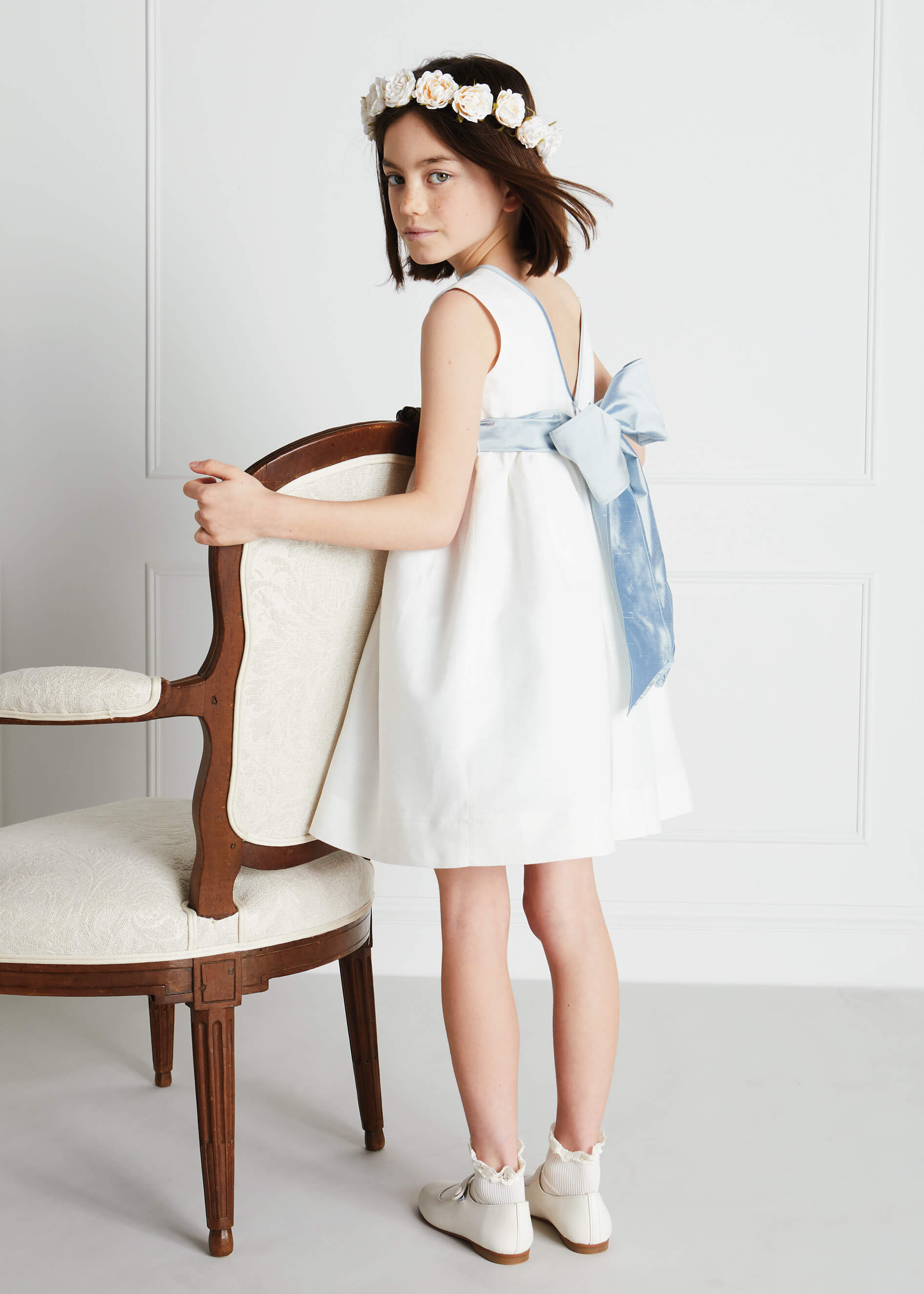 Sleeveless Ivory Flower Girl Dress with Blue Silk Sash (6mths-12yrs) Sleeveless Ivory Flower Girl Dress with Blue Silk Sash (6mths-12yrs)
