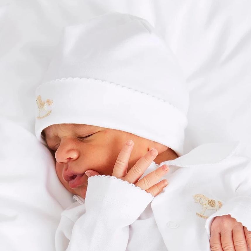 Newborn Bonnet with Rocking Horse Embroidery Beige (0-3mths) Knitted Accessories  from Pepa London
