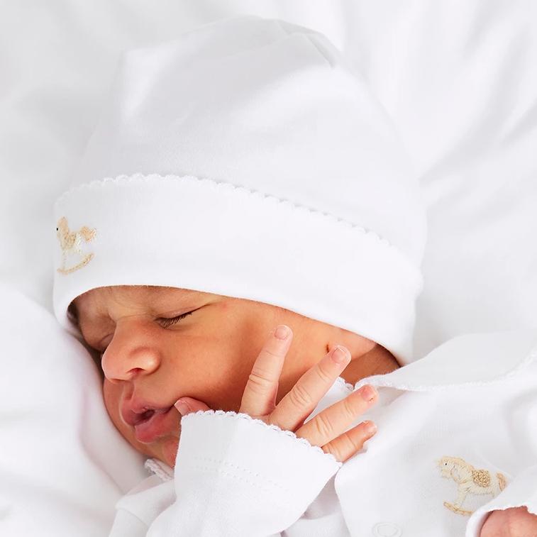 Newborn Bonnet with Rocking Horse Embroidery Blue (0-3mths) Knitted Accessories  from Pepa London