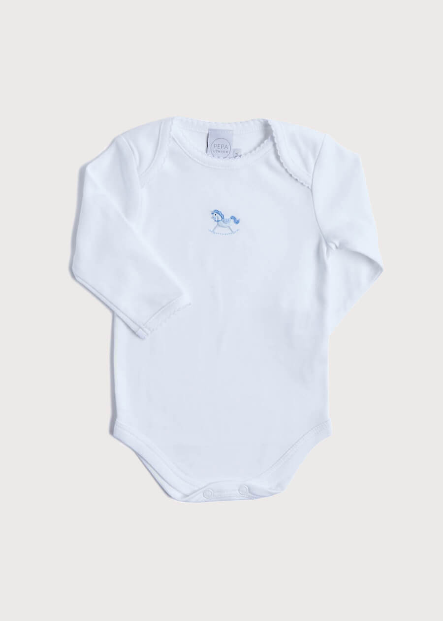 Newborn American Collar Bodysuit With Rocking Horse Embroidery Blue (0-3mths) Tops & Bodysuits  from Pepa London