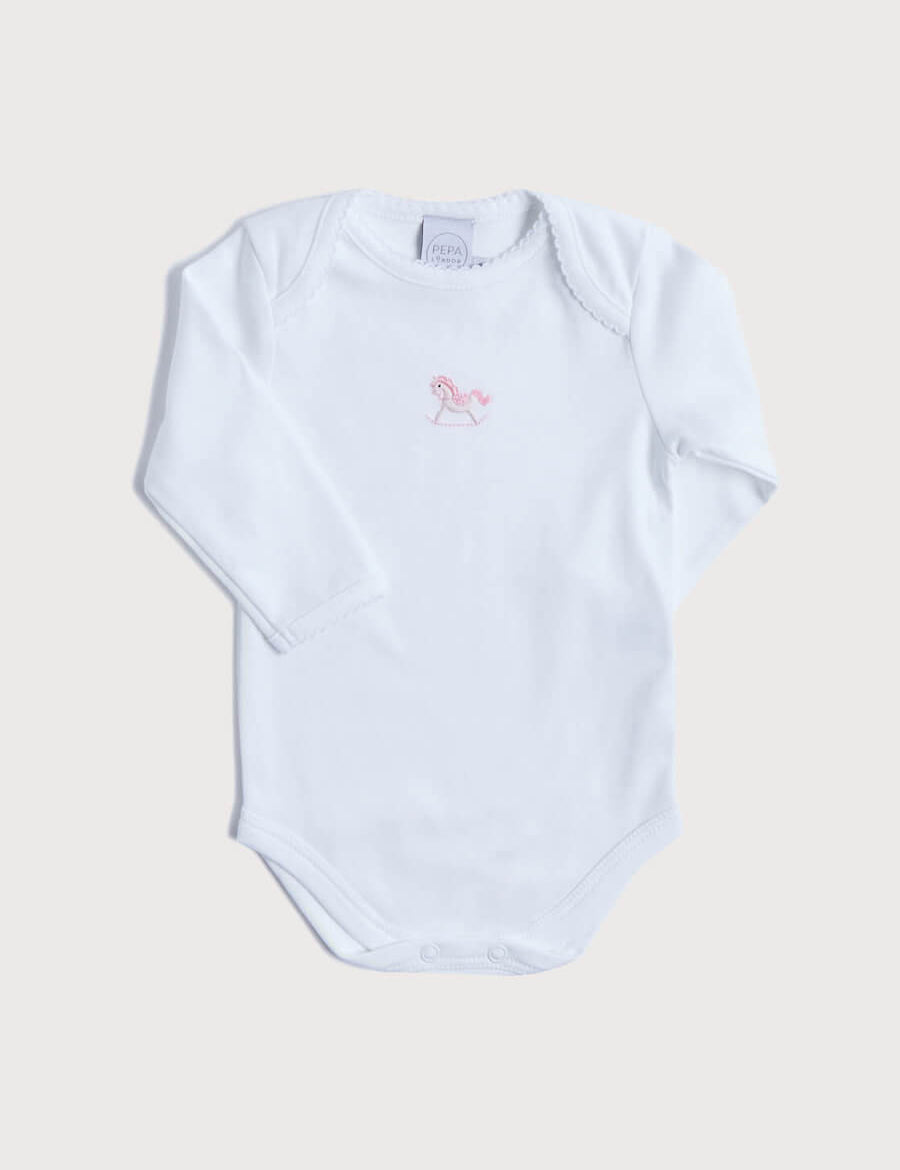Newborn American Collar Bodysuit With Rocking Horse Embroidery Pink (0-3mths) Tops & Bodysuits  from Pepa London