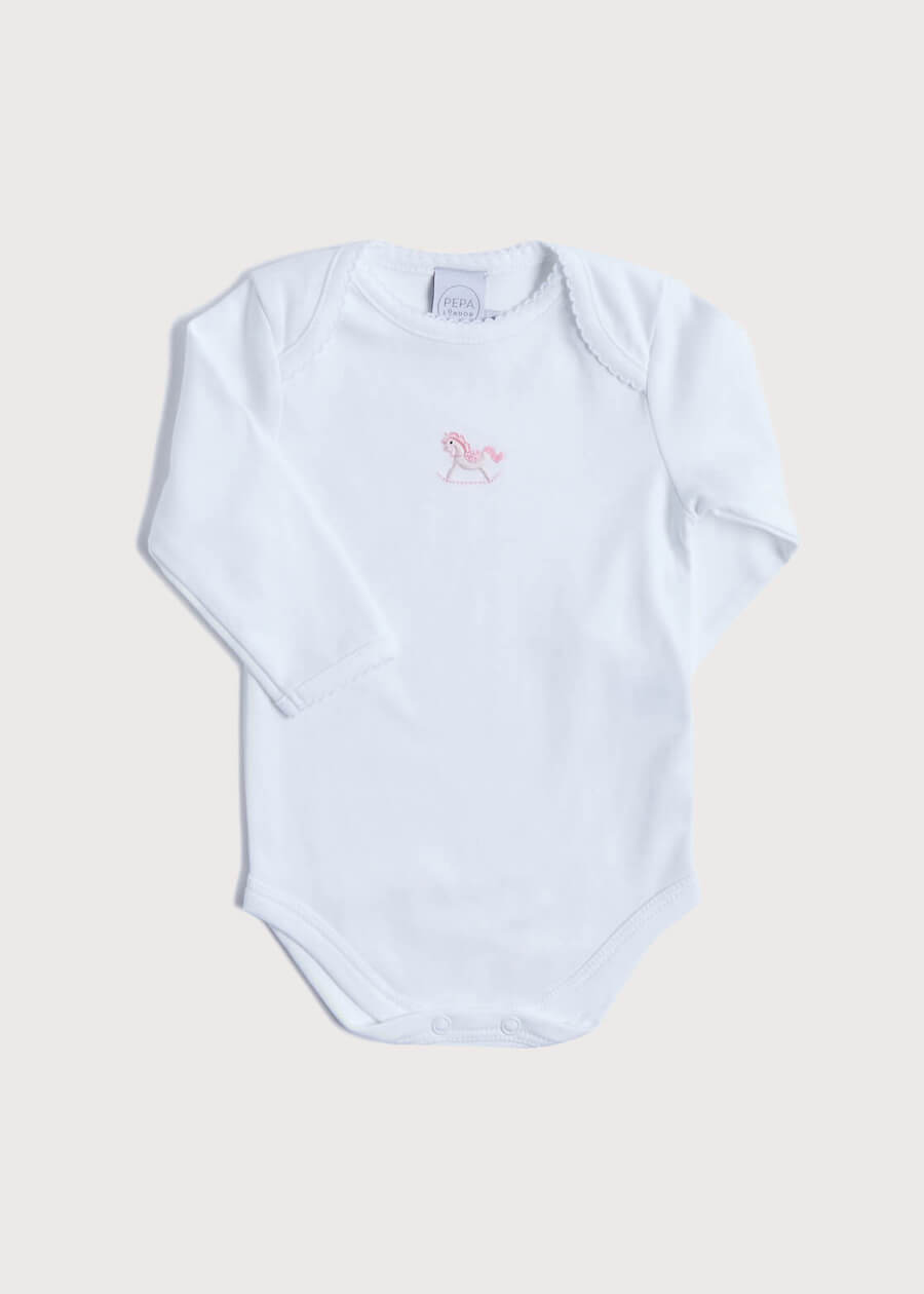 Newborn American Collar Bodysuit With Rocking Horse Embroidery Pink (0-3mths) Tops & Bodysuits  from Pepa London