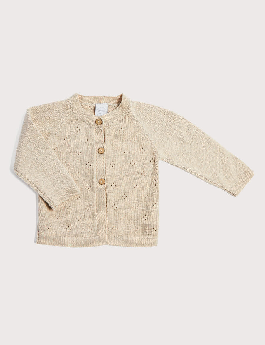 Openwork Coconut Button Cardigan in Beige (3-18mths) Knitwear  from Pepa London