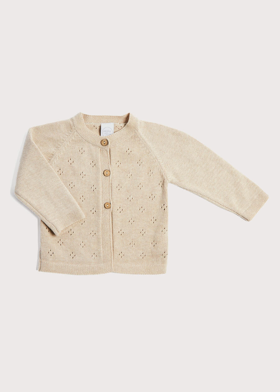 Openwork Coconut Button Cardigan in Beige (3-18mths) Knitwear  from Pepa London