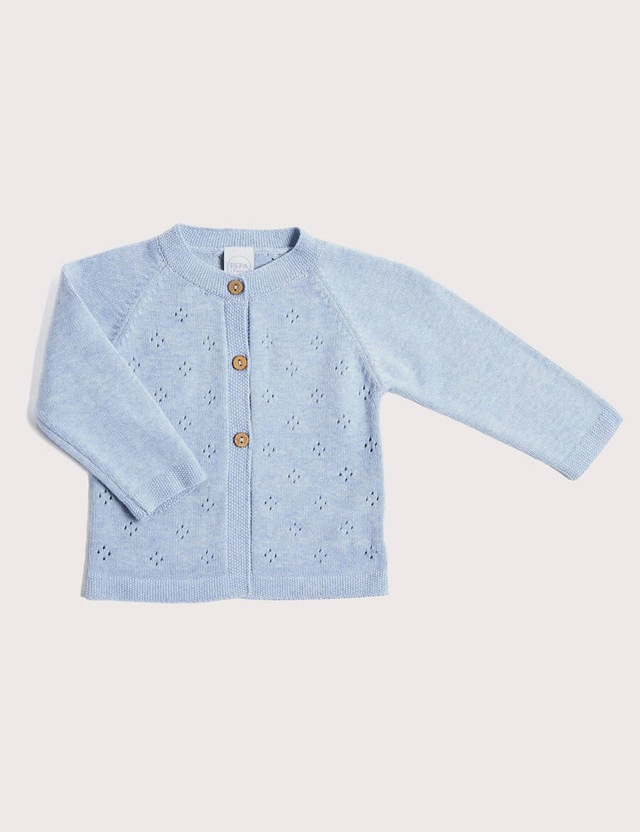 Openwork Coconut Button Cardigan in Dusty Blue (3-18mths) Knitwear  from Pepa London