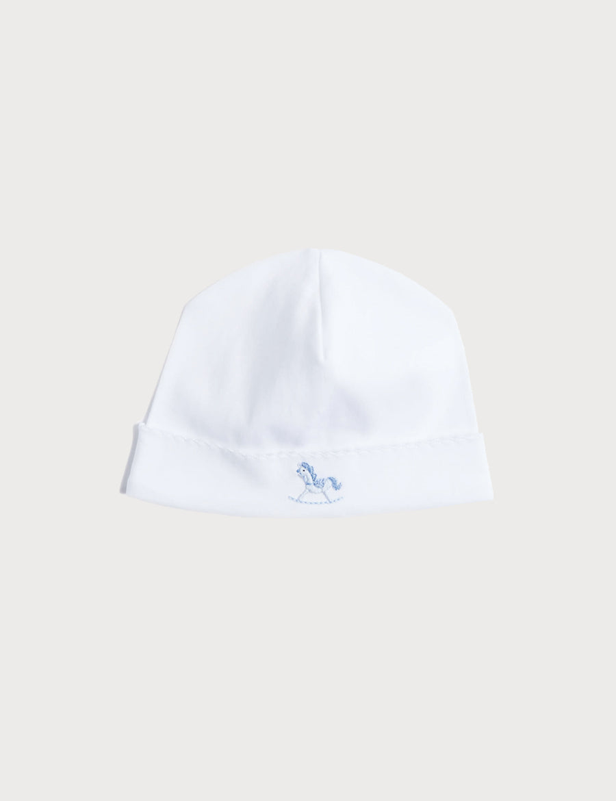 Newborn Bonnet with Rocking Horse Embroidery Blue (0-3mths) Knitted Accessories  from Pepa London