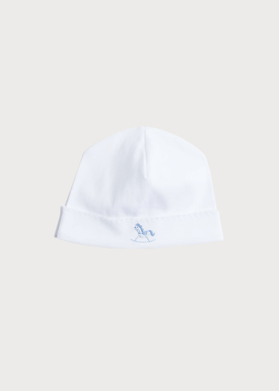 Newborn Bonnet with Rocking Horse Embroidery Blue (0-3mths) Knitted Accessories  from Pepa London