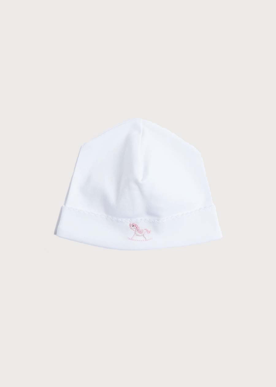 Newborn Bonnet with Rocking Horse Embroidery Pink (0-3mths) Knitted Accessories  from Pepa London